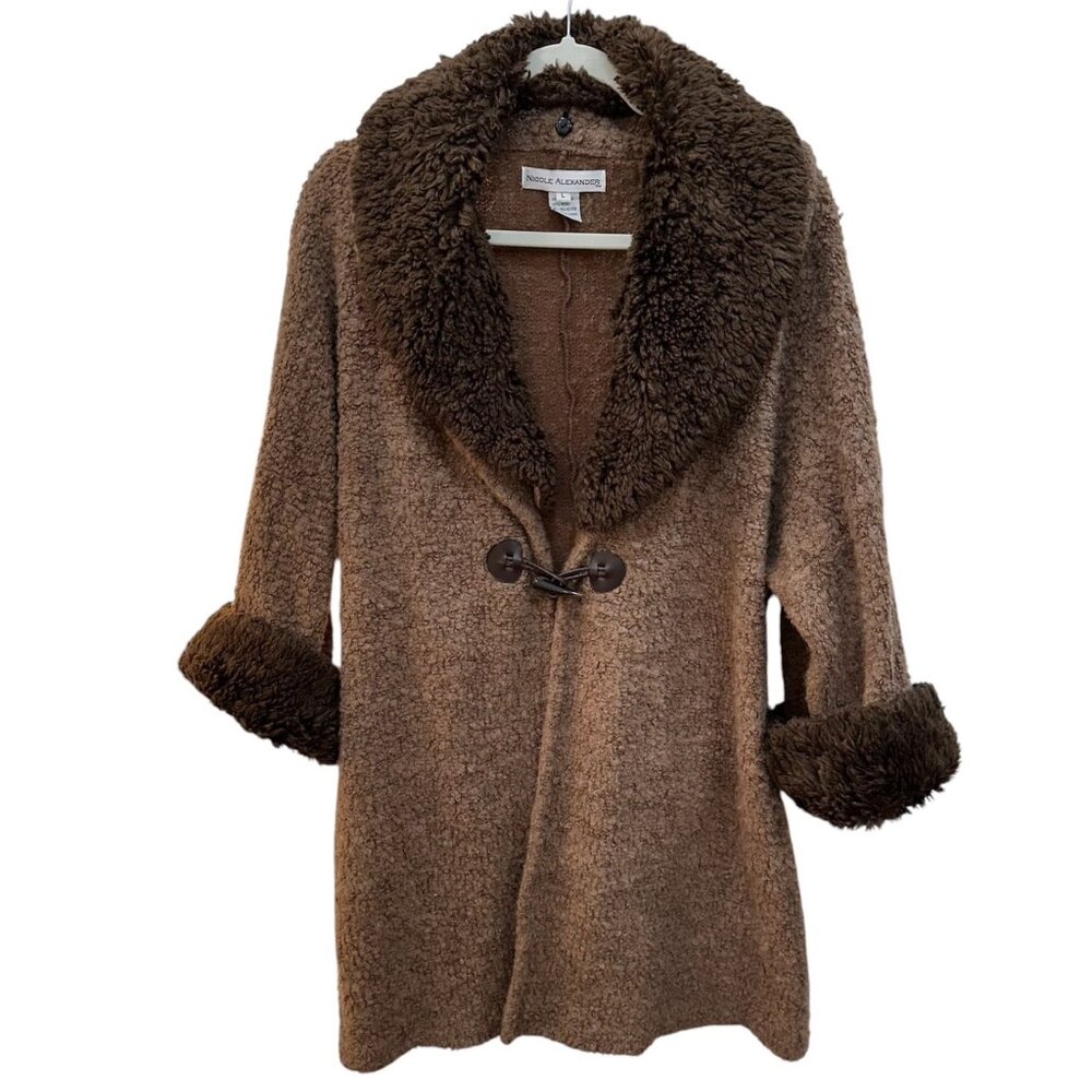 Nicole Alexander Brown Wool Blend Sweater Jacket w/ Faux Fur Collar/Cuffs Large
